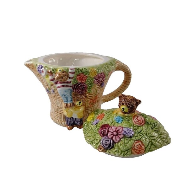 Vintage Teddy Bear Cubs Teapot Floral Basket Roses Ceramic Novelty 7" x 6.5" - Picture 6 of 9